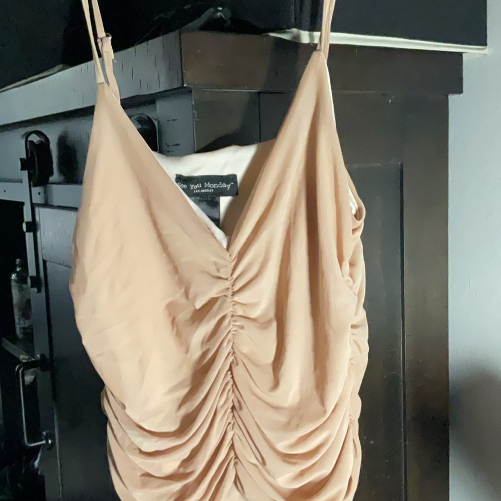 See You Monday Tan Ruched Sleeveless Bodysuit